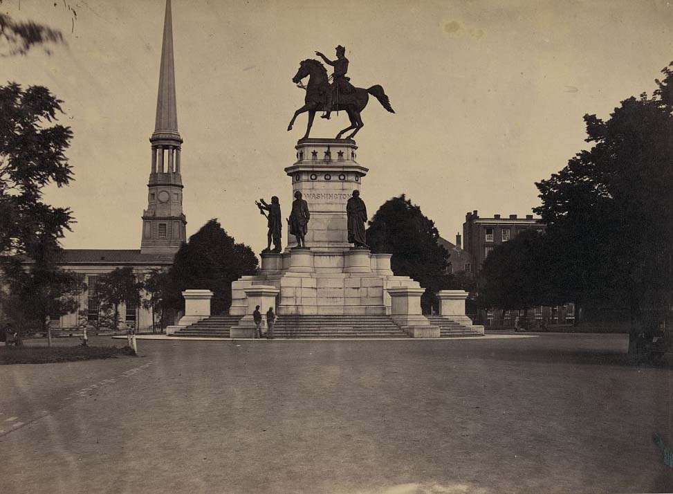 Statue of George Washington on horseback on top of a monument in the Capitol Square area of Richmond, Virginia, 1865