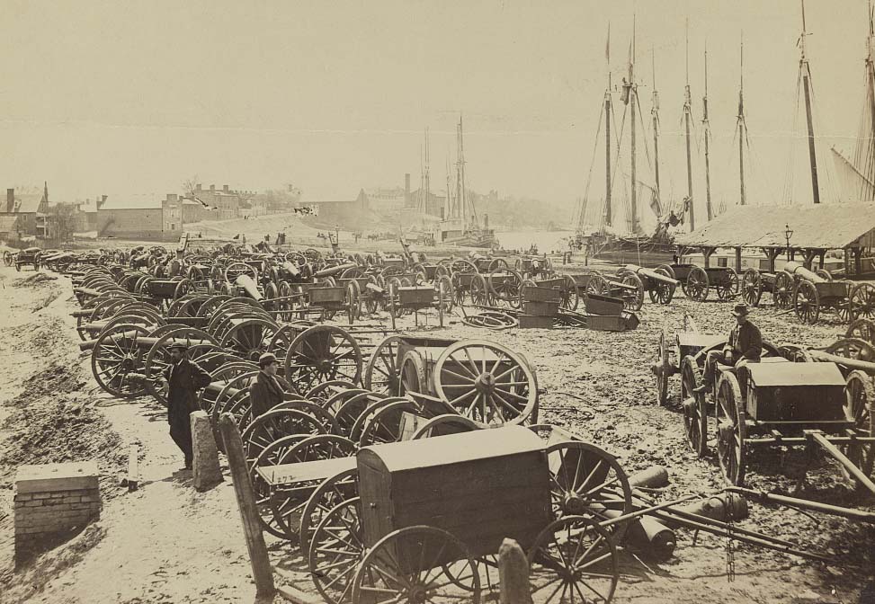 Captured Confederate artillery, on the docks at Richmond, 1864