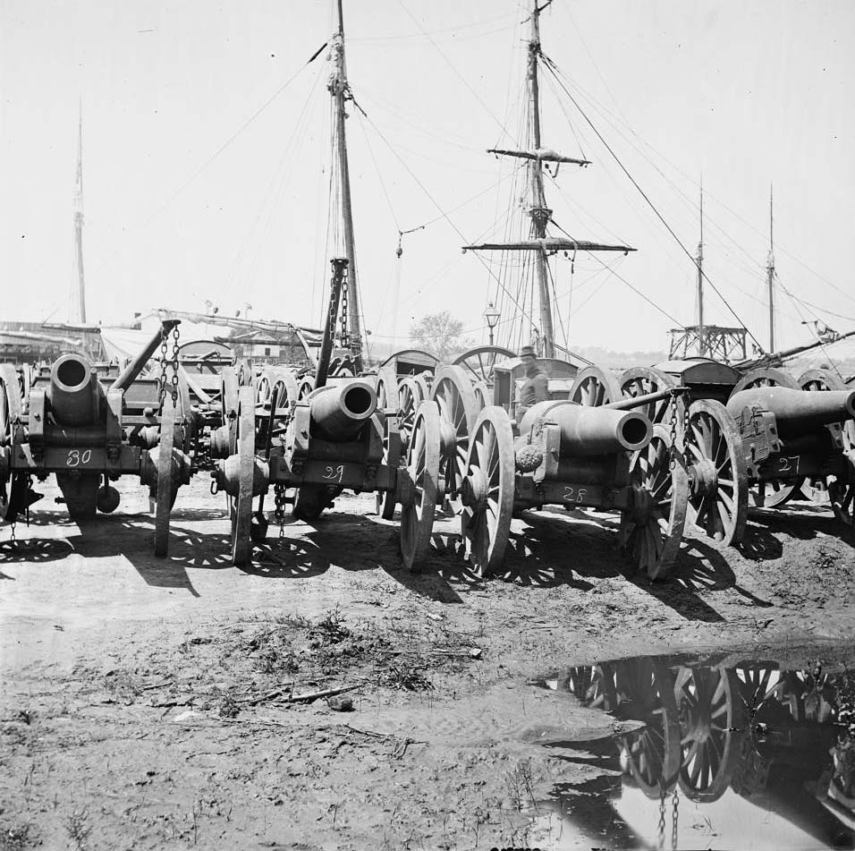 Captured siege guns at Rocketts; 1865