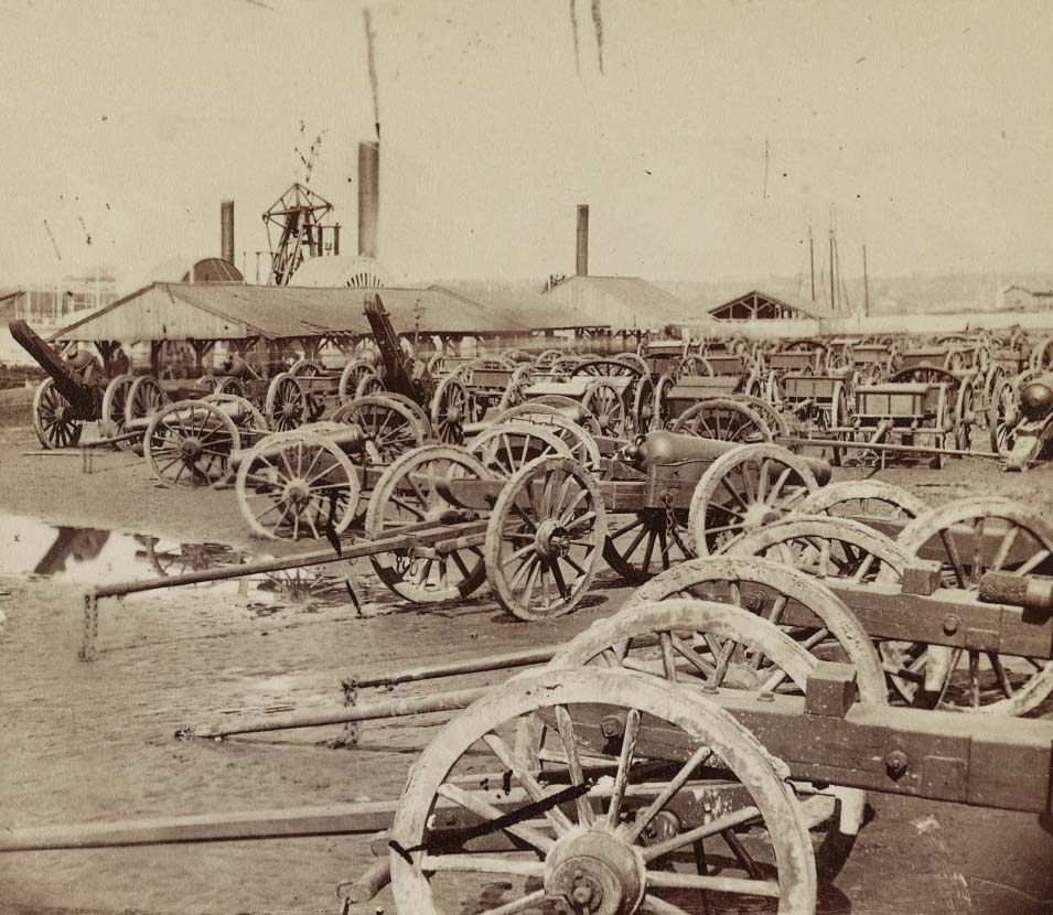 Captured Confederate artillery on docks at Rocketts, 1865