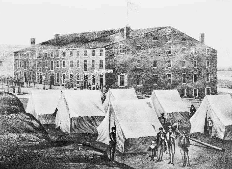 Soldiers, other people, and tents of Confederates outside of Libby Prison, Richmond, Virginia, 1863