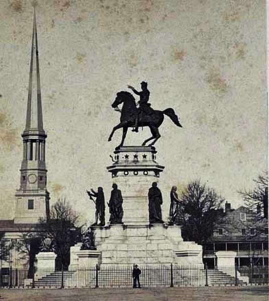 The Virginia Washington Monument in Capitol Square in Richmond, Virginia with the spire of St. Paul's Church on the left, 1860