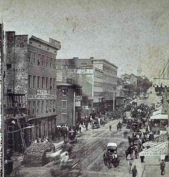 A view of a busy street scene in Richmond, Virginia, 1865