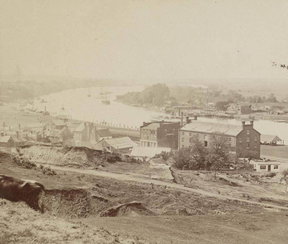 Buildings at the wharf at Rocketts Landing on the south side of the James River in Richmond, Virginia, 1863