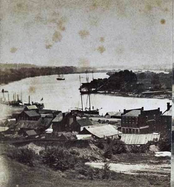 An aerial view of Rocketts Landing on the James River in Richmond, Virginia, 1864