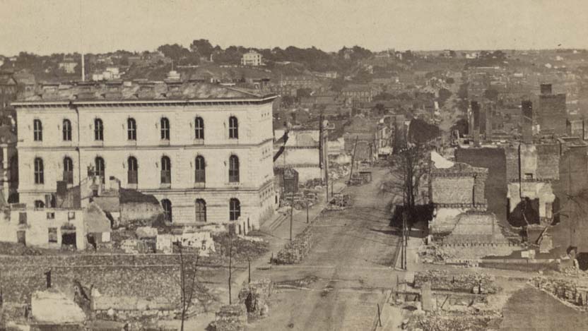 An aerial view of ruins along a street in Richmond, Virginia, 1861