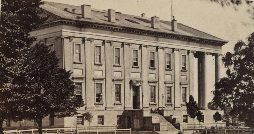 West facade of the Virginia State Capitol building in Capitol Square Park in Richmond, Virginia, 1861