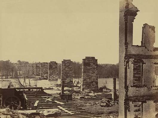 Ruins of Petersburg and Richmond railroad bridge, across the James, 1864