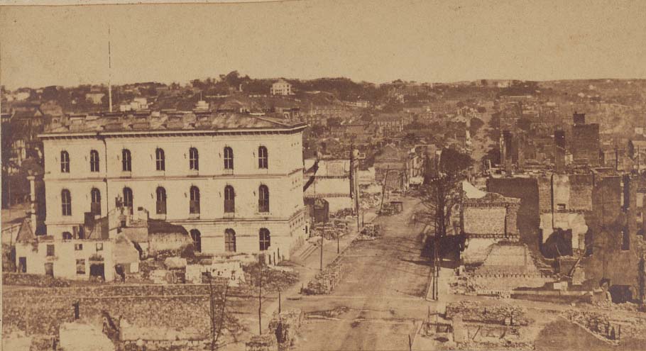 Aerial view of Richmond, Virginia, showing ruins of buildings in the "Burnt District, 1865