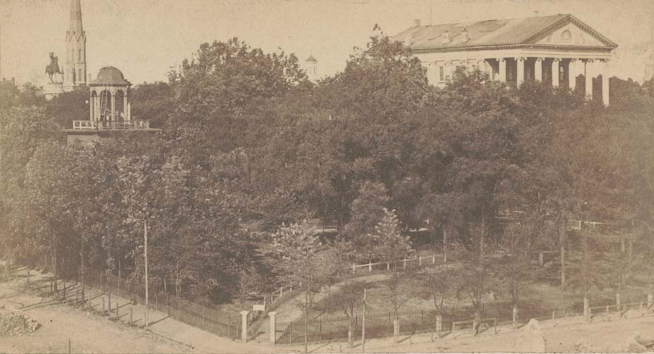 Grounds of Virginia state capitol in Richmond with capitol building in the distance, 1865