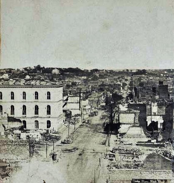 An aerial view of demolished buildings after the Confederates abandoned the city in 1865.