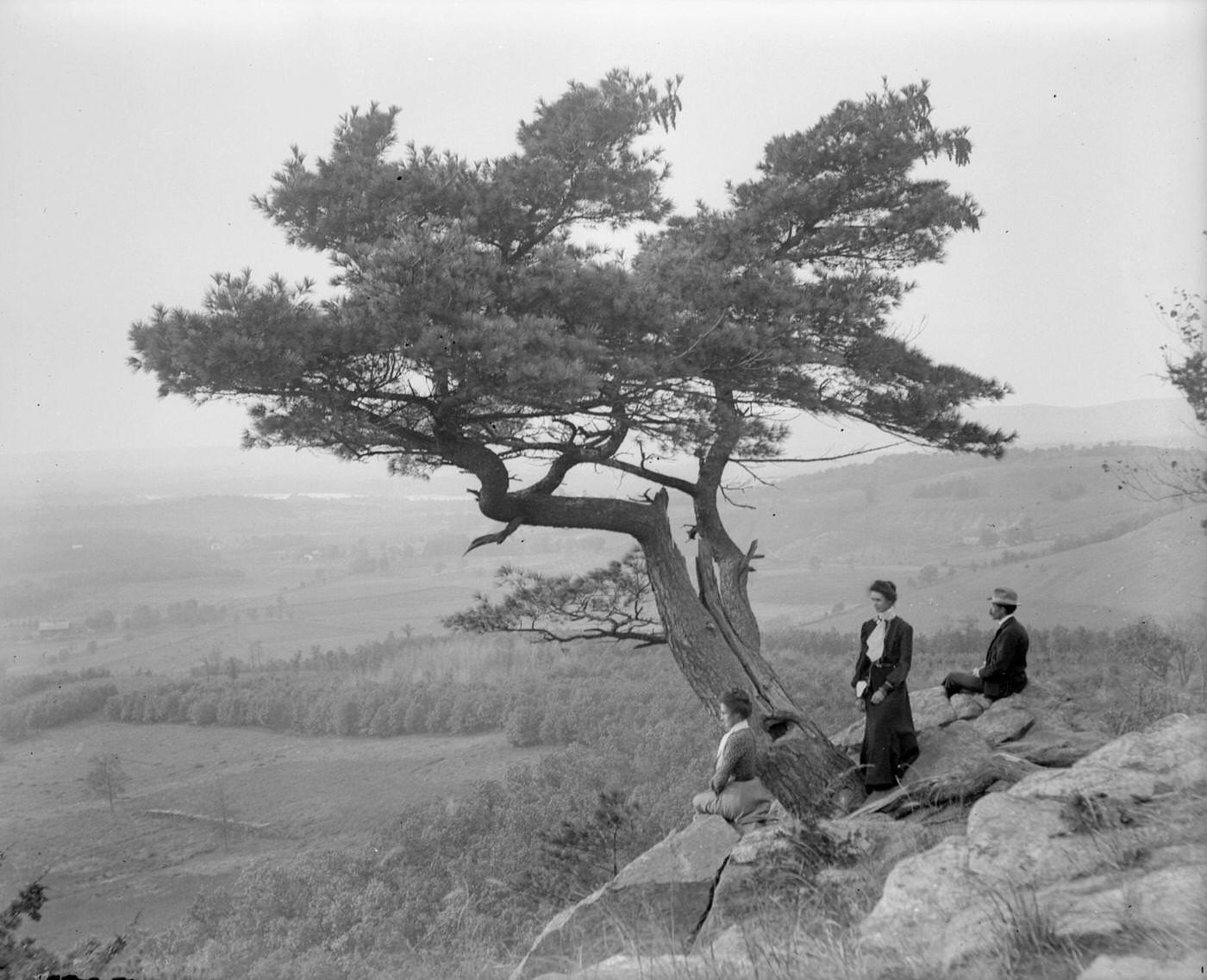 Two women and a man pose atop Gibraltar Rock in Richmond Memorial Park, which was dedicated by Jens Jensen and the Wisconsin Friends in 1927 in order to conserve the native landscape, West Point, Wisconsin, 1902.