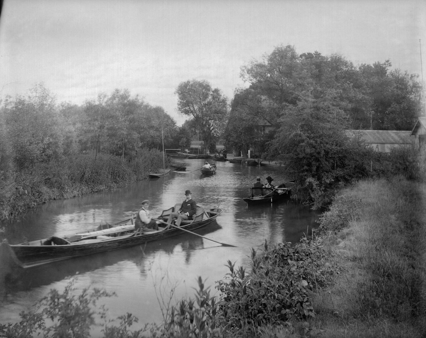 Rowers relax on the River Thames between Teddington and Surbiton, 1905