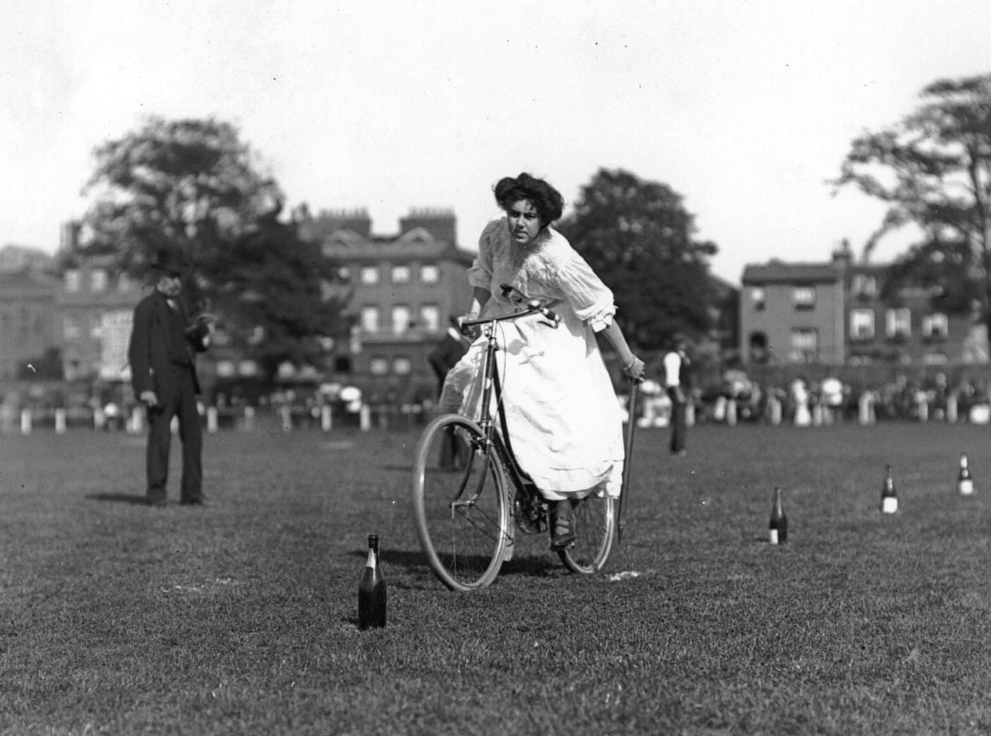 A young woman competes in a gymkhana for bicycle riders at Richmond, 1905