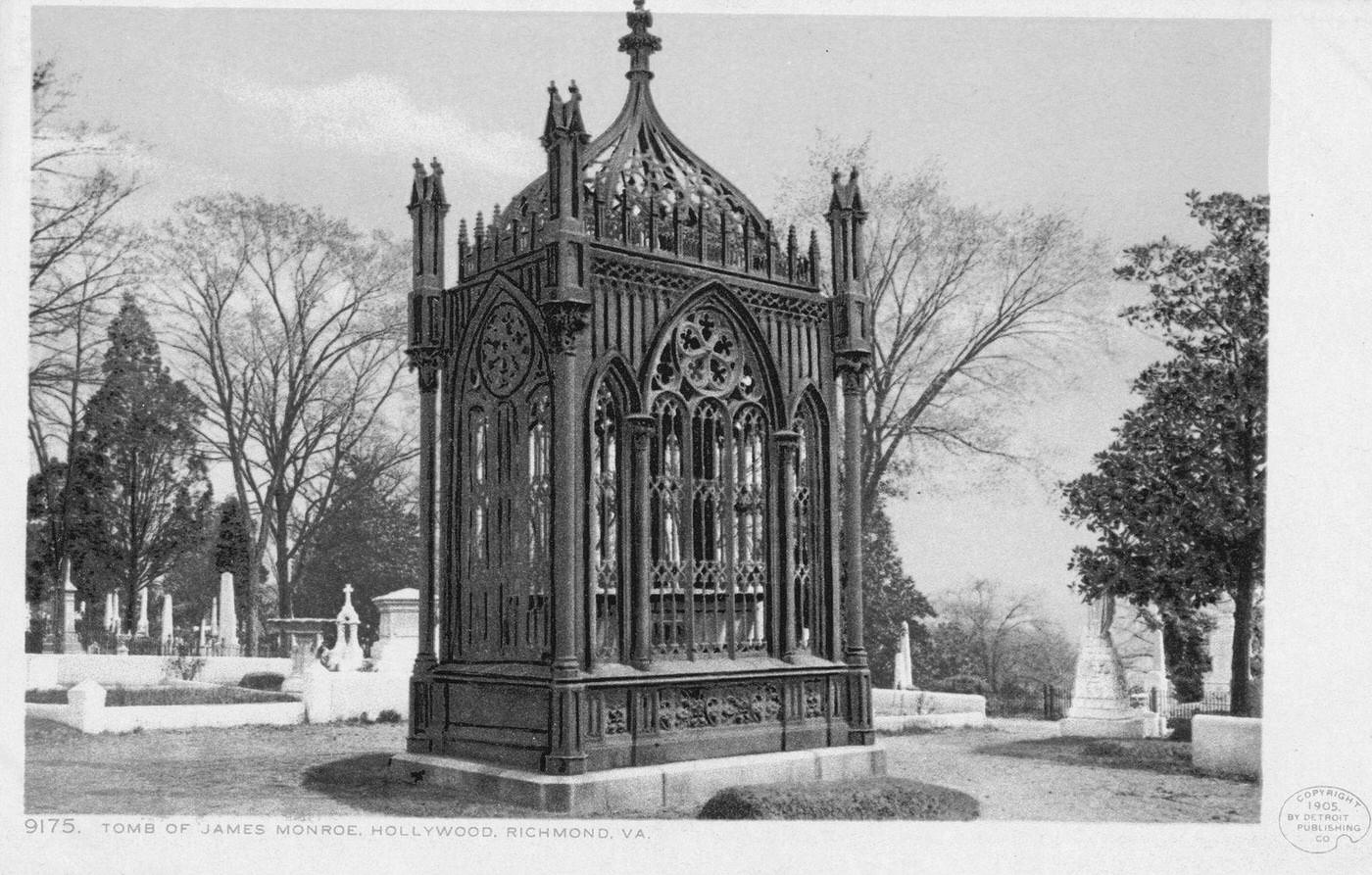 Tomb of James Monroe, declared a National Historic Landmark in 1971, Hollywood Cemetery, Richmond, Virginia, 1905.