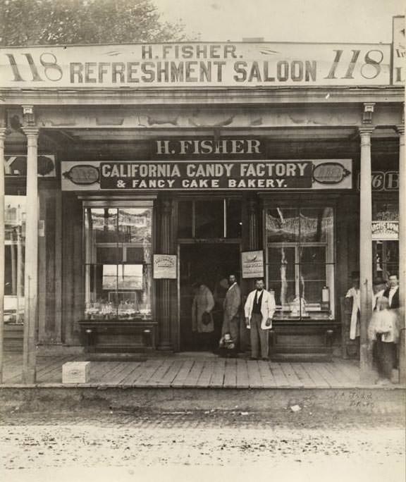 The single-story Henry Fisher Refreshment Saloon and California Candy Factory and Fancy Cake Bakery at 118 J Street, 1869