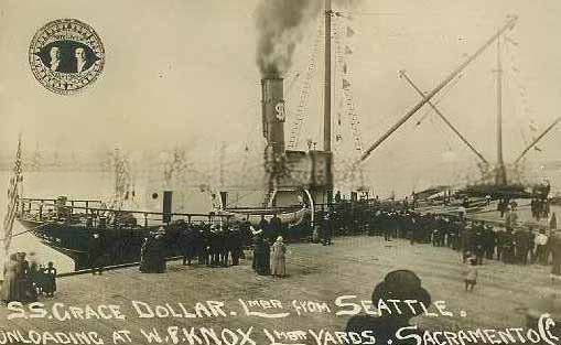 The S.S. Grace Dollar unloading lumber at the W.F. Knox lumber yards in Sacramento, 1860s. Shown are approximately 50 people watching from the dock.