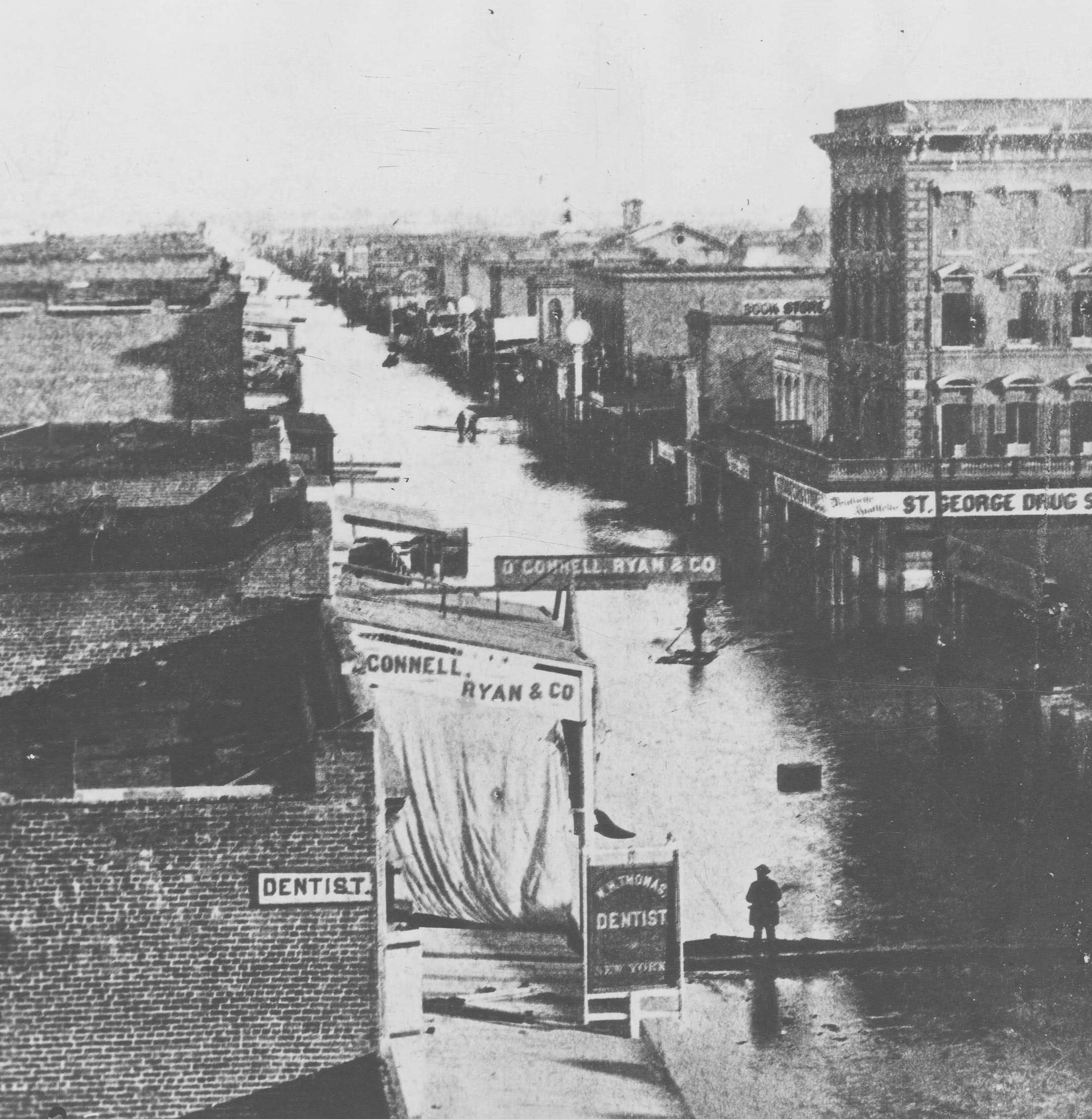 Looking east, of a deluged J Street near Fourth Street captures the scale of the flood of December 1861.