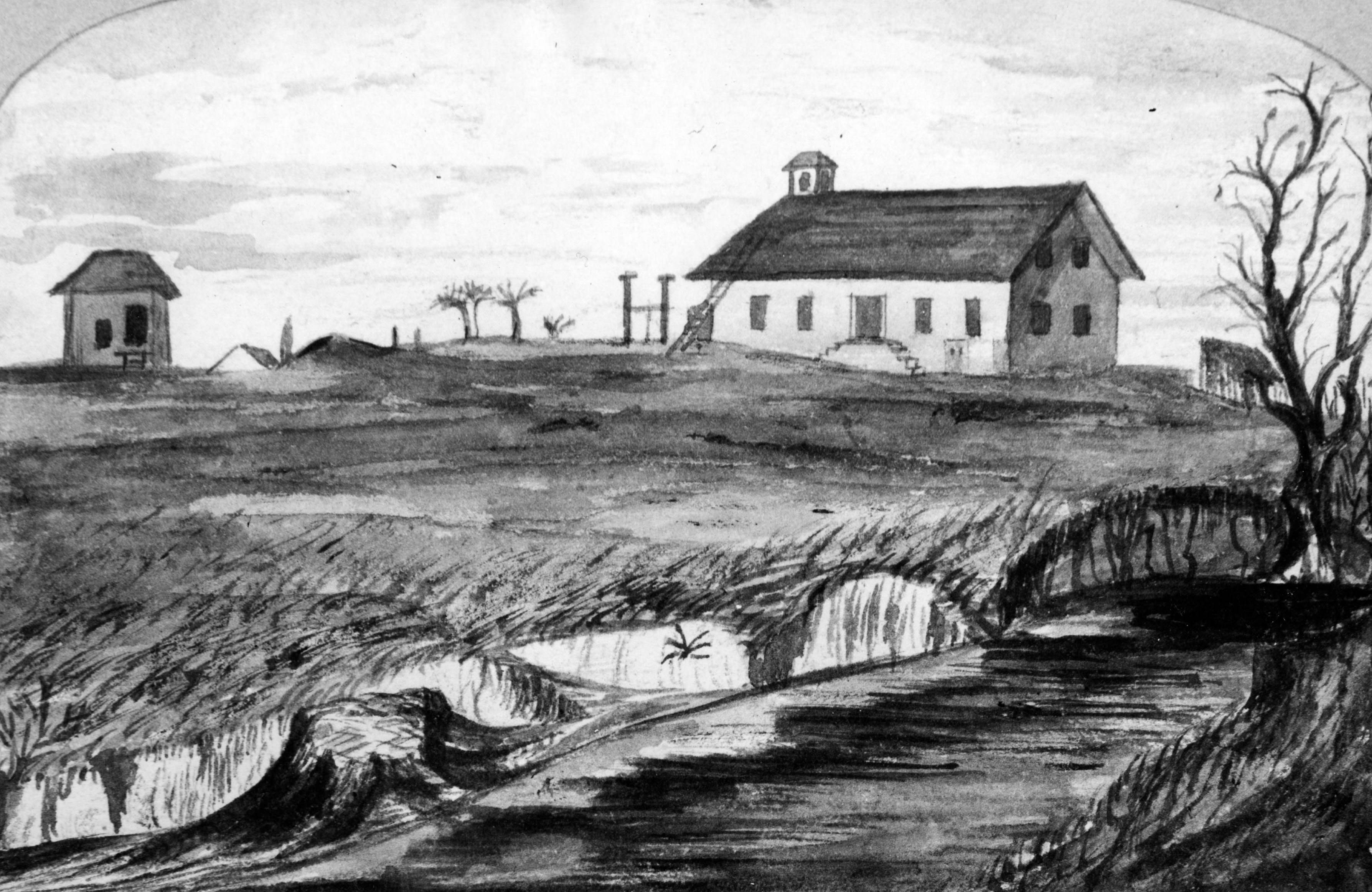 A sketch of Sutter's Fort as it appeared in 1862, fourteen years after its abandonment by John Sutter.