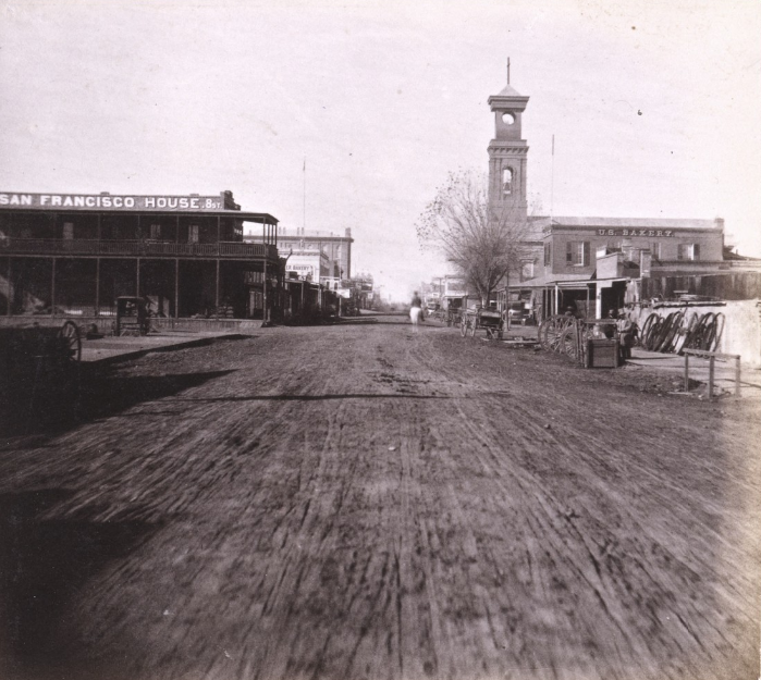 1064. Sacramento City, K Street, Masonic Hall and Catholic Church, 1860s