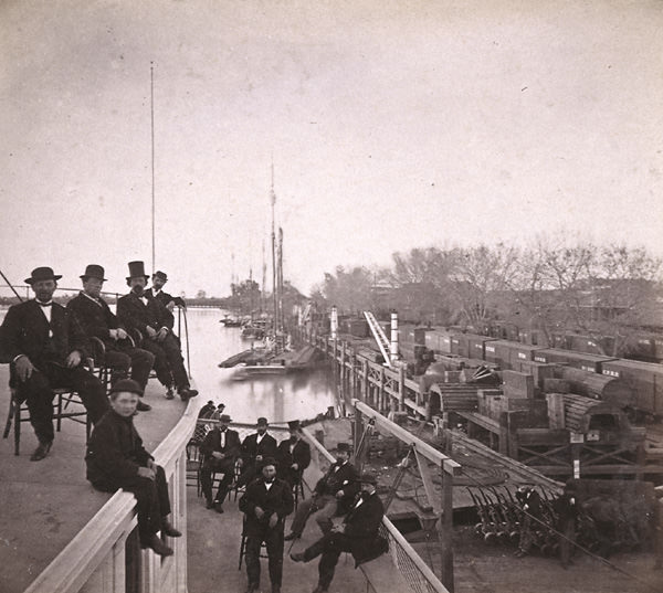 The Levee and Central Pacific Railroad Freight Trains, Sacramento, 1860s