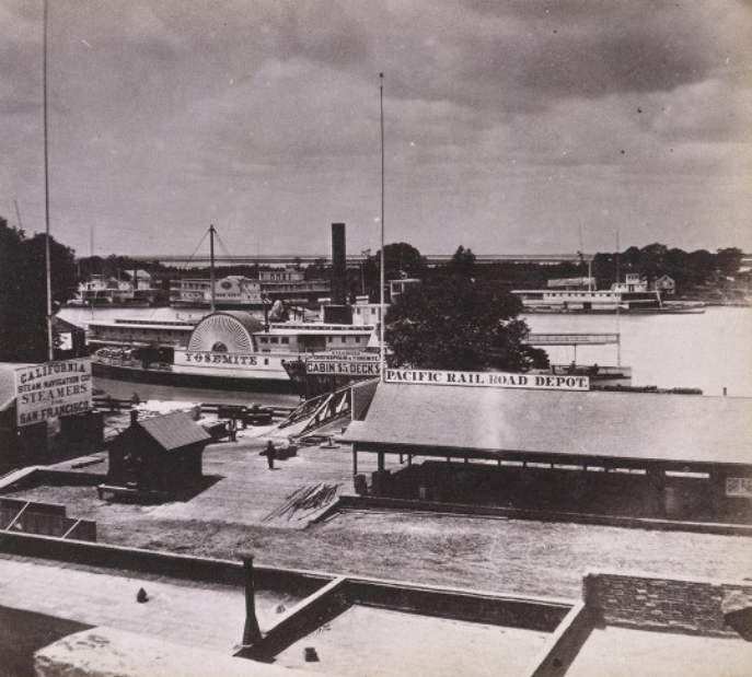 Steamer Landing, and Pacific Railroad Depot, Sacramento City, 1860s