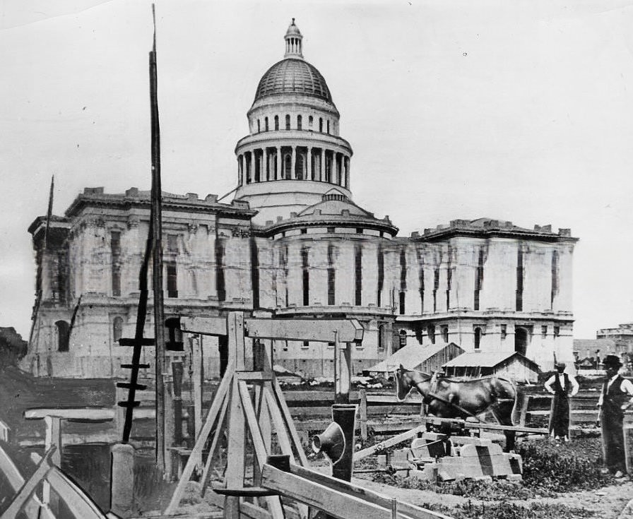 Exterior view of the California State Capitol under construction, 1869