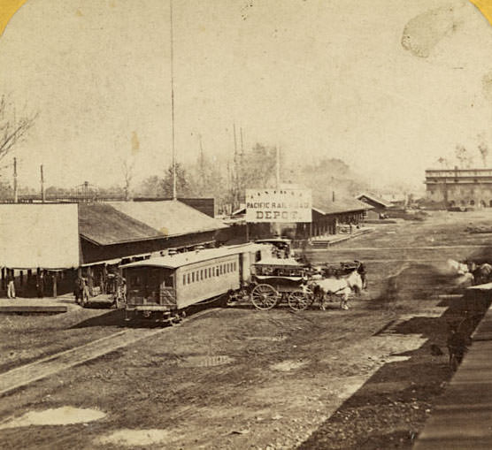 The Railroad Depots on the Levee, Sacramento City, 1866