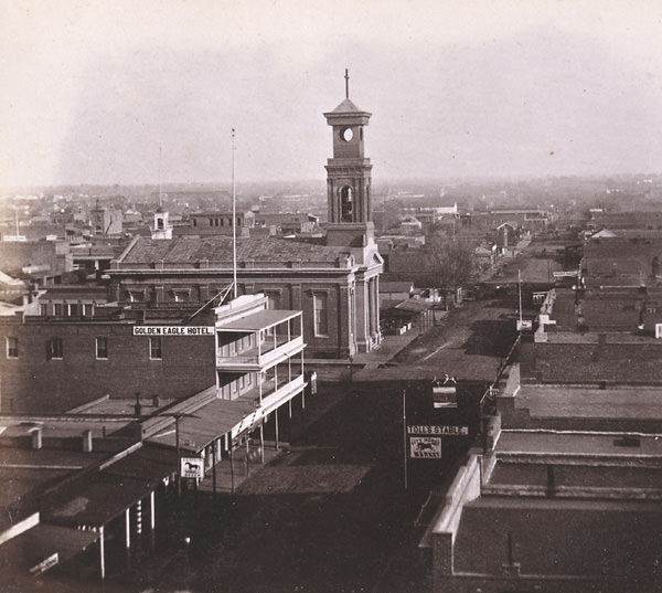 Sacramento City, K Street, looking East from the Masonic Hall, 1860s