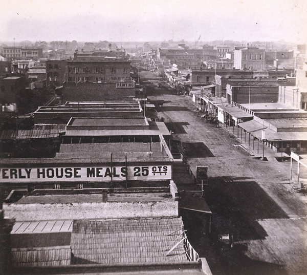 Sacramento City, K Street, looking West from the Masonic Hall, 1860s
