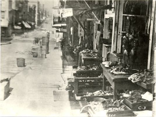 Stores on Sacramento Street in Chinatown, 1865