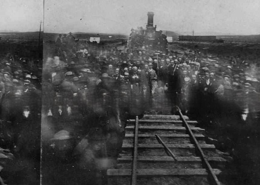 Ceremonies at the completion of the transcontintental railroad, 1869