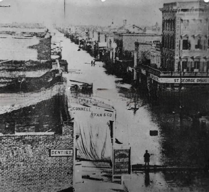 Flood, J Street at 3rd Street, looking east, 1863