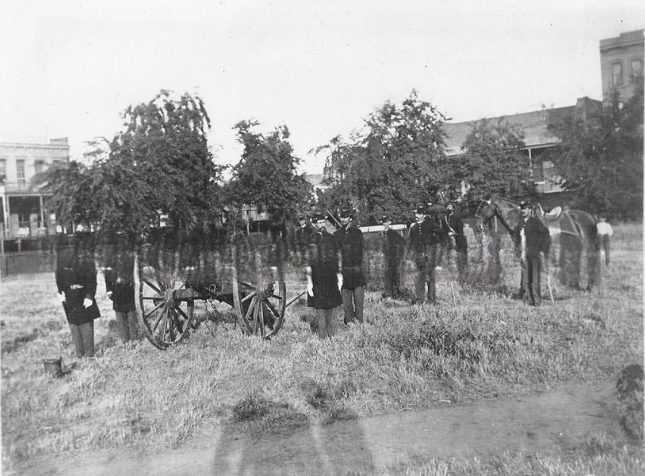 Union Boy cannon and Army crew in Plaza Park 1868.