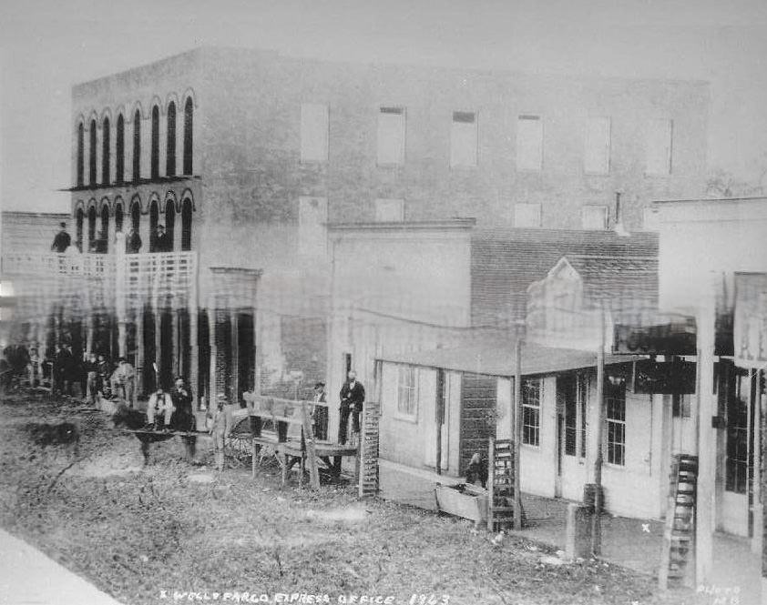 Old Sacramento street scene Wells Fargo Express Office 1863 Post Office Union Hotel Sacramento.