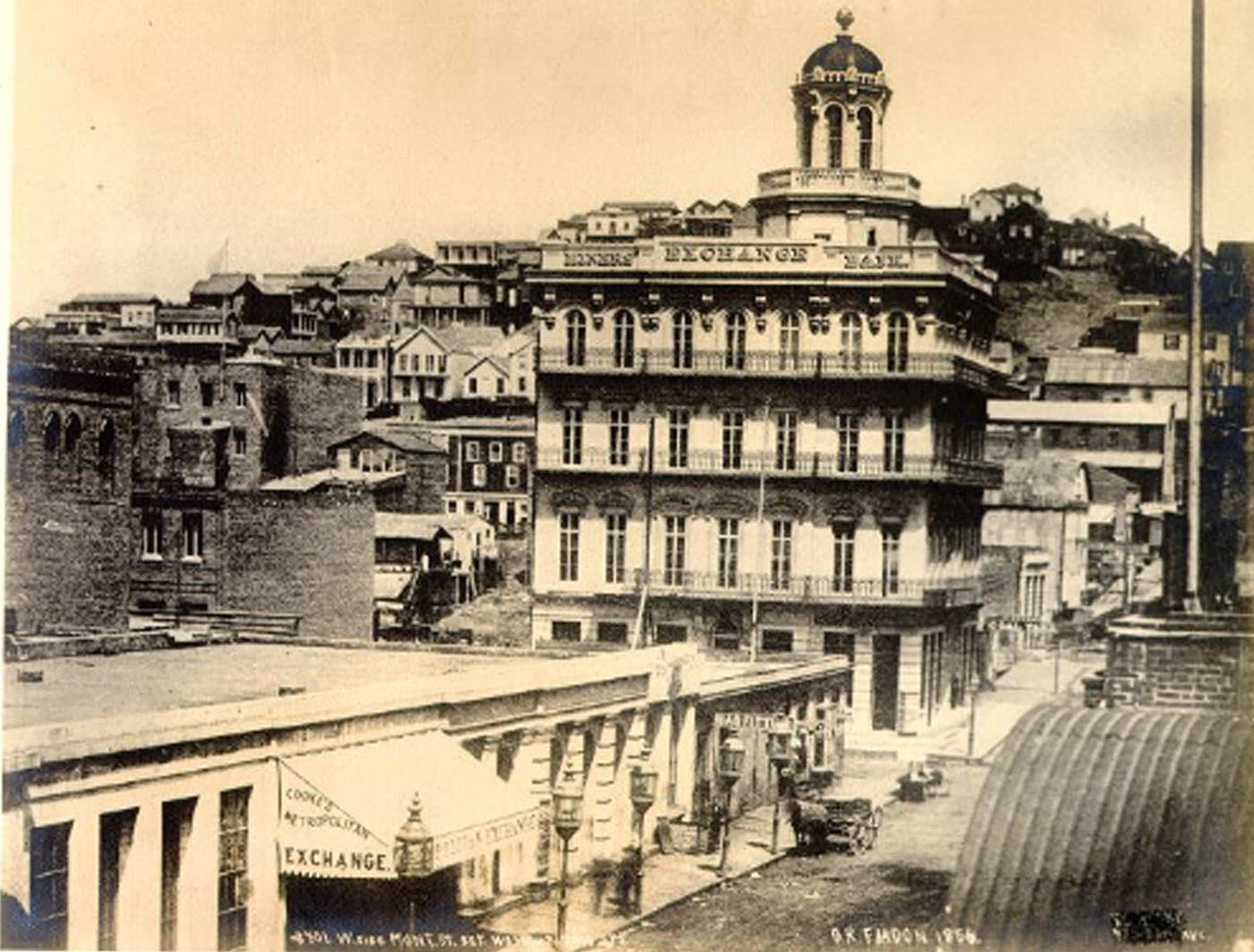 Montgomery Street, south of Jackson. 1856. Miner's Exchange Bank (Fardon), 1856