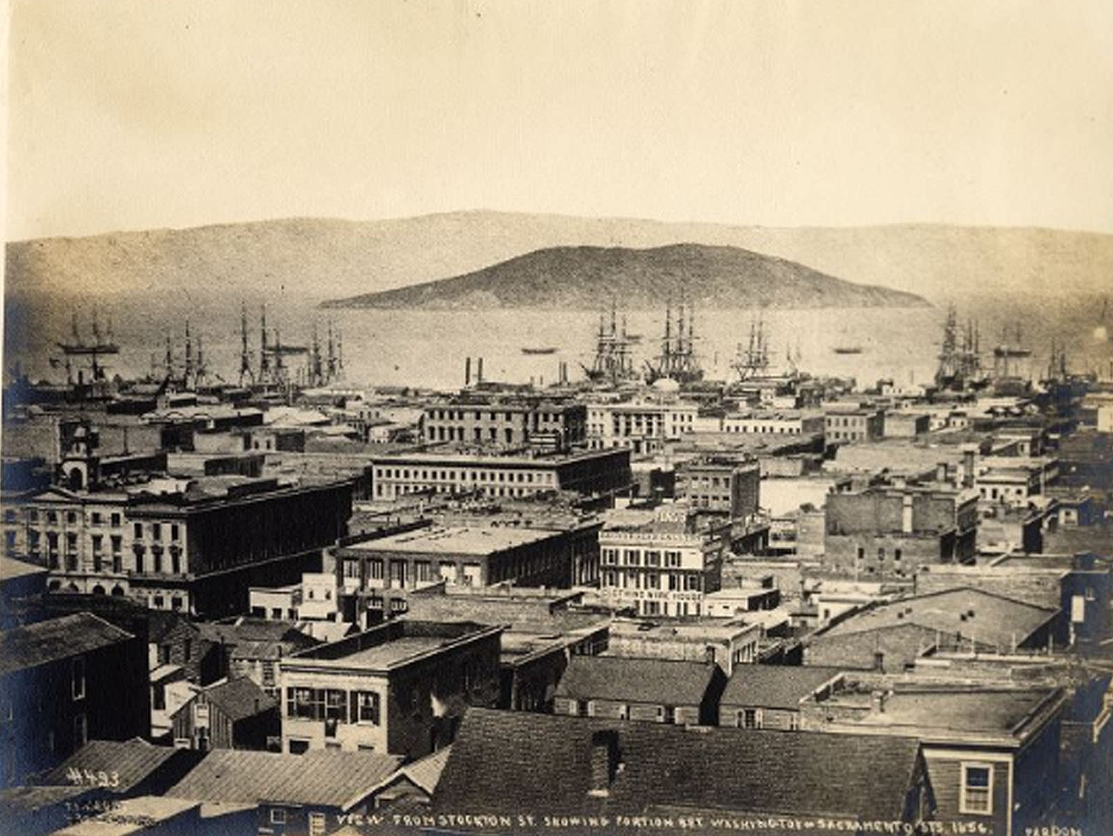View from Stockton St. showing portion bet. Washington + Sacramento sts, 1856