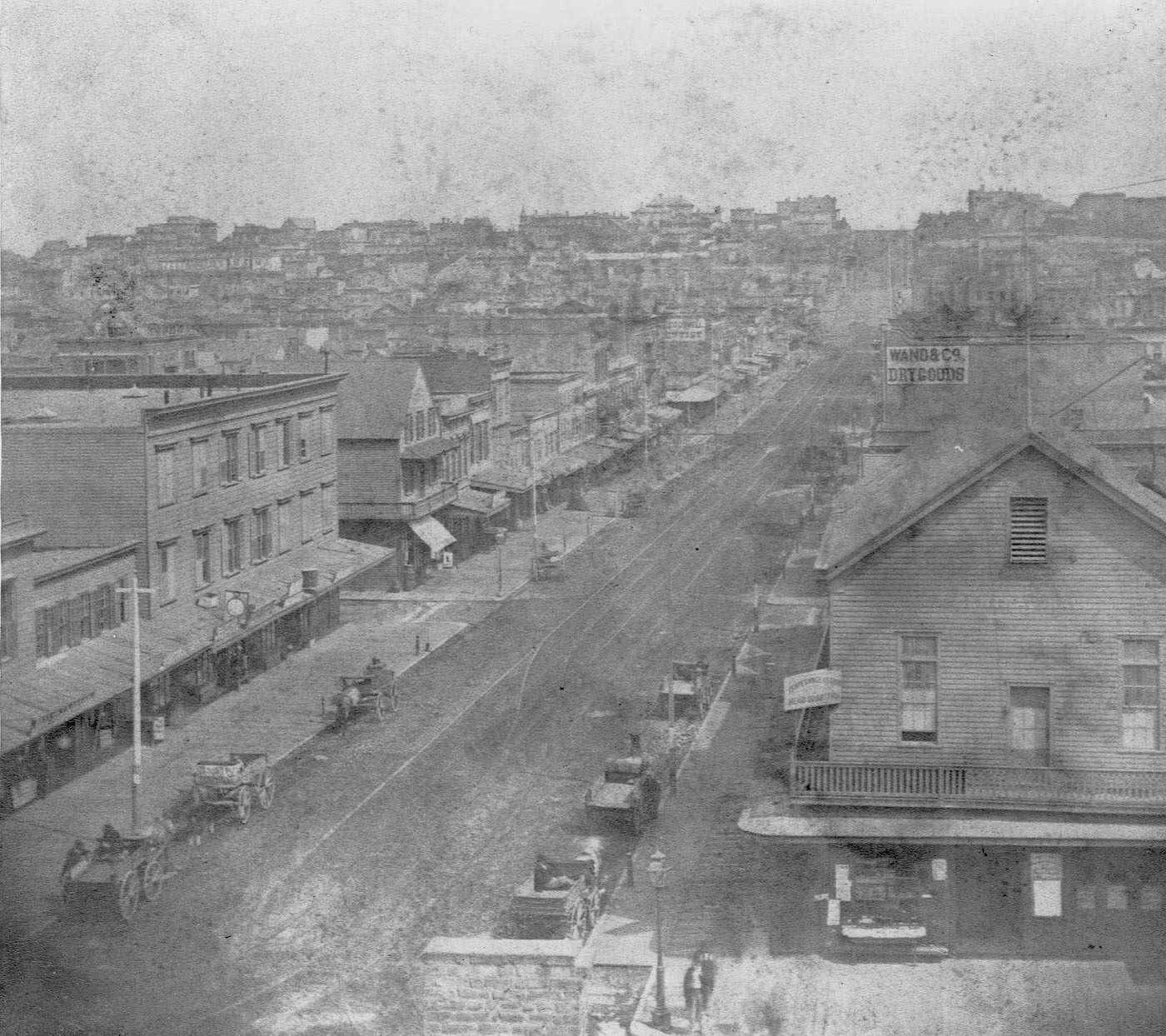Businesses line broad, flat Second Street in San Francisco, 1850