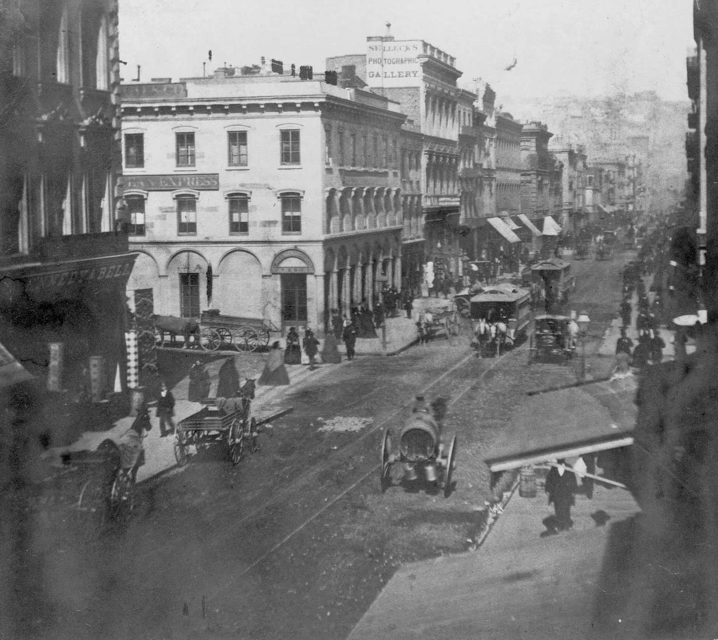 Wagon and Cable Car Traffic on Montgomery Street, San Francisco, 1850