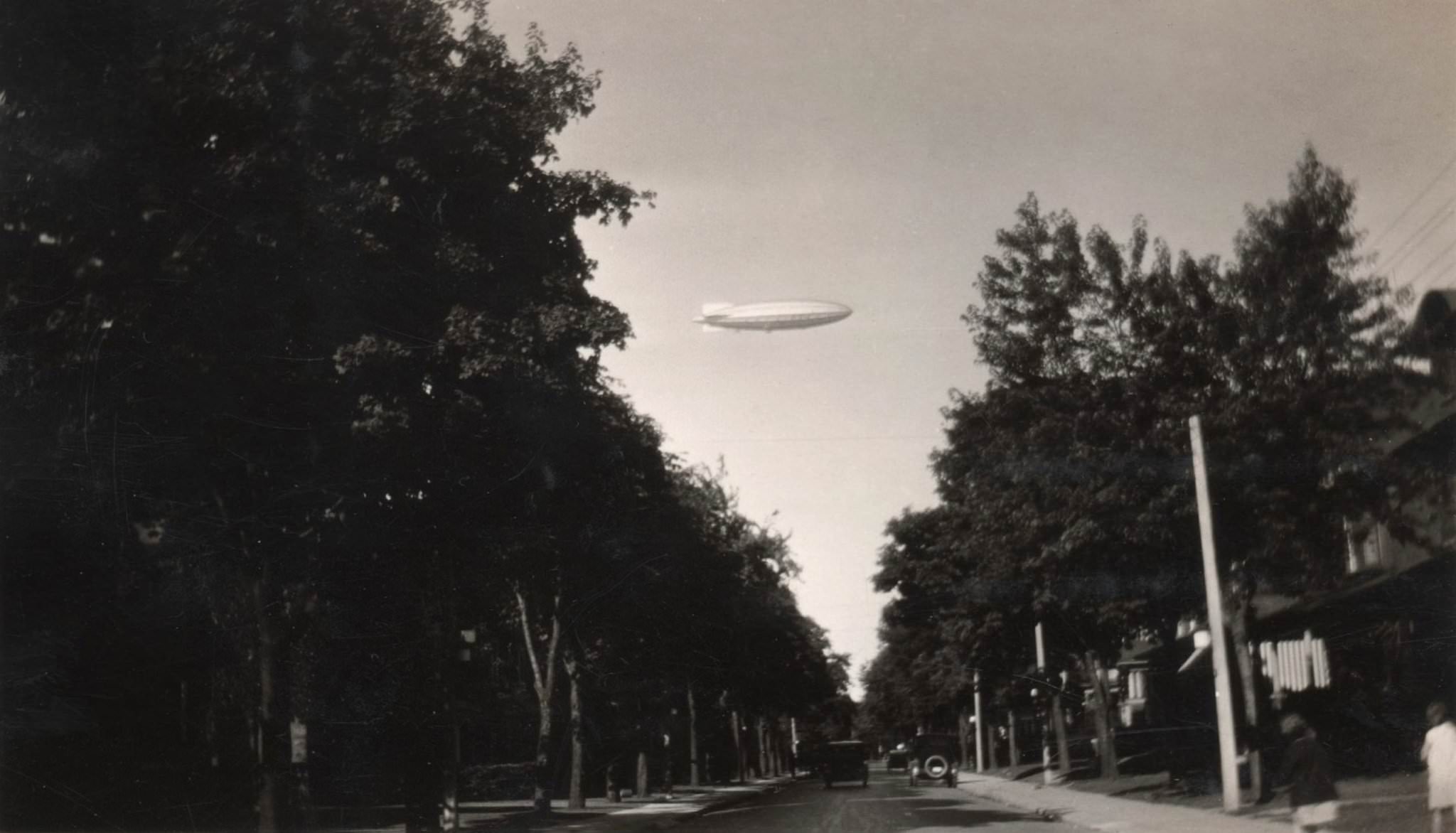 60 Langley, looking west from Riverdale." His Majesty's Airship R-100 over Toronto on Aug 11, 1930.