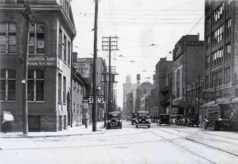 Victoria Street, south from Dundas Street east. Visible is the rear of Pantages Theatre and The Salvation Army Working Men's Hotel, 1930