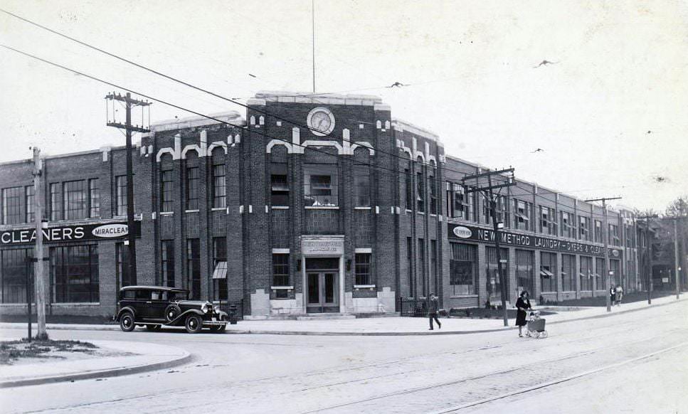 The New Method Laundry Company Limited building, loacted on 725 College Street, at Crawford Street, south-west corner, 1930