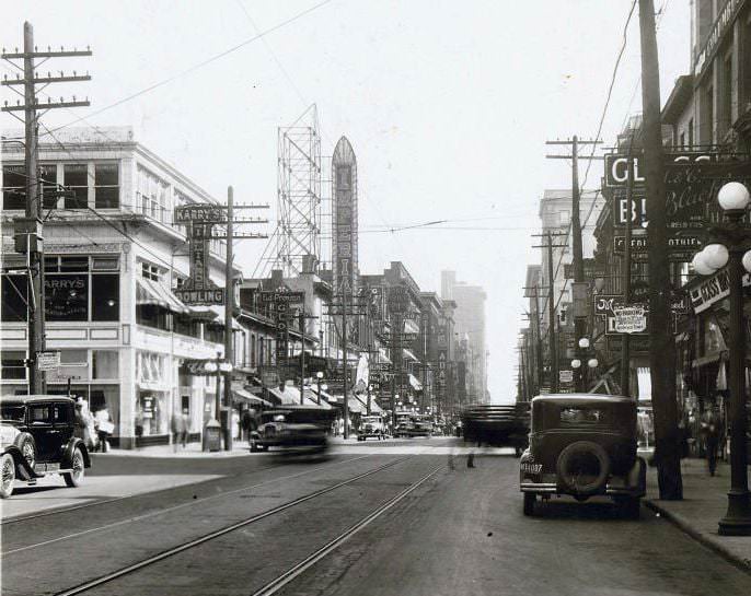 Yonge & Dundas Square looking south. Childs, later a Hard Rock Cafe. The Billiards & Bowling upstairs was called Karrys which is news to me, 1933