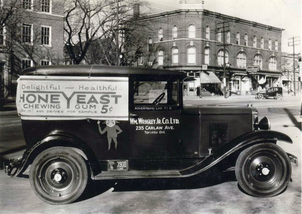 William Wrigley Junior Company Limited delivery vehicle bearing a banner advertising Honey Yeast Chewing Gum, 1933