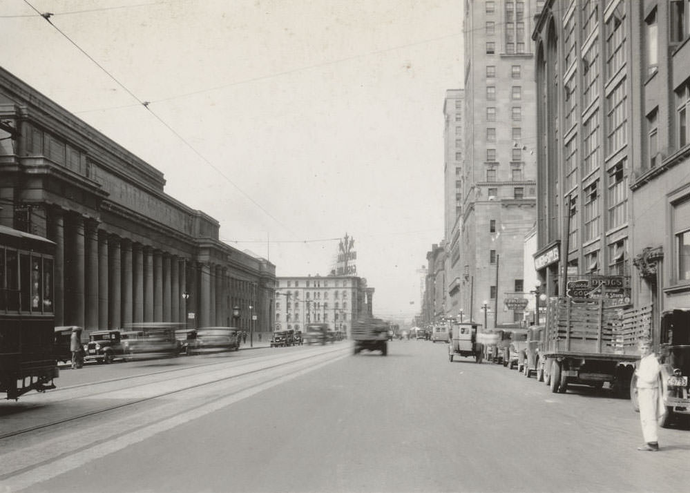 Walker House Hotel, located at the south-west corner of Front Street West and York Street. View is looking west from Bay Street, 1933