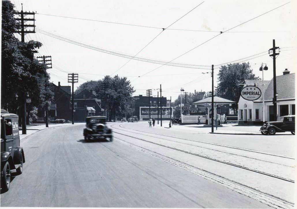 Davenport Road, east of Avenue Road. View is looking east. An Imperial Gasoline Service Station is on the right, 1936
