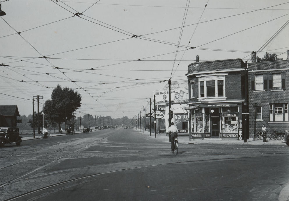 Danforth and Broadview avenues. View is looking west across the Prince Edward Viaduct, 1937