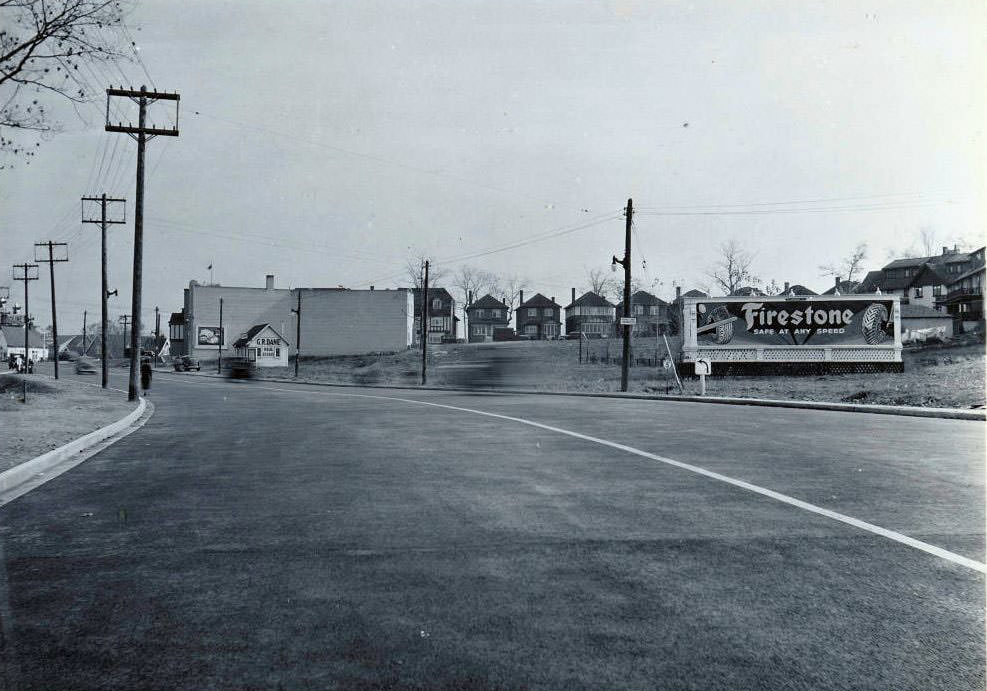 Looking east on Bloor towards South Kingsway. Big building in the distance still stands as Dogtopia of Bloor West Village, 1937