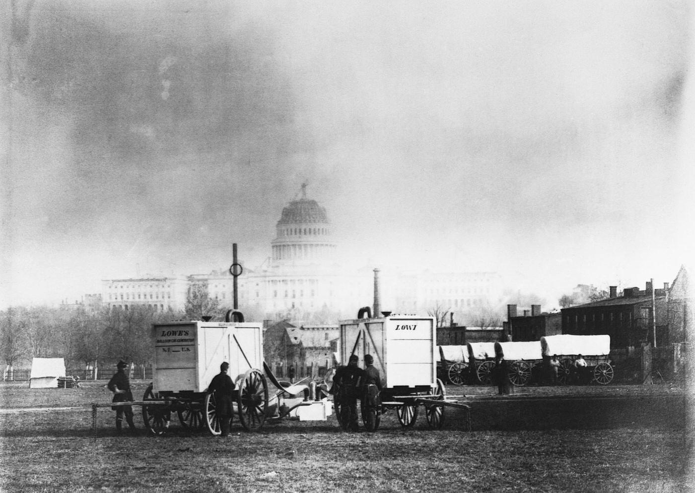 Professor Thaddeus Lowe sets up balloon gas generators in sight of the U.S. Capitol, Washington, D.C., 1861.