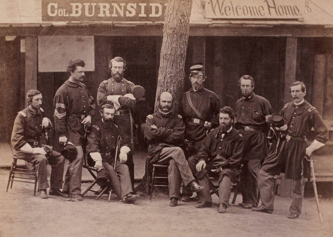 Portrait of Colonel Ambrose Burnside and his staff while he commanded the 1st Rhode Island Infantry Regiment in 1861.